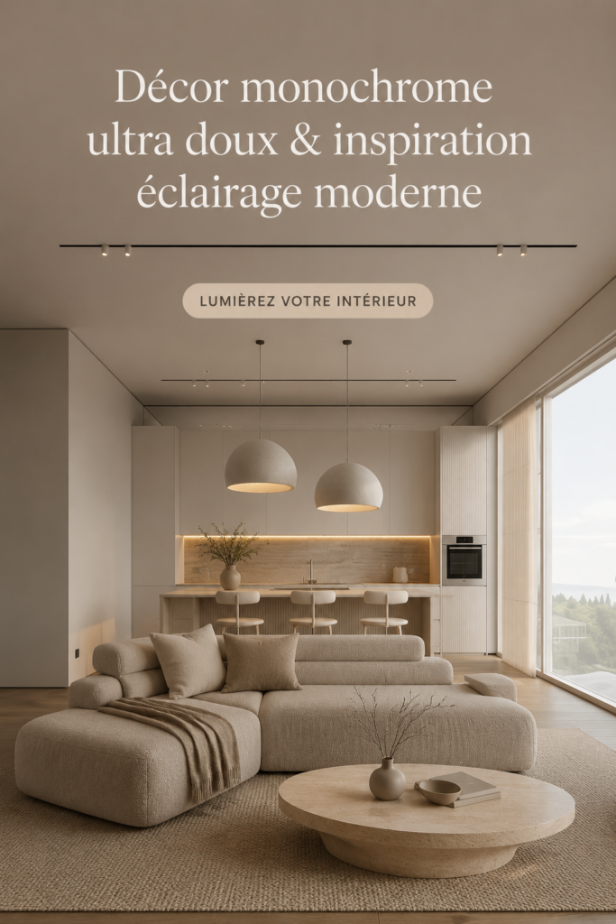 Un salon moderne avec un décor monochrome en nuances douces et un éclairage apaisant.