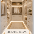 Dressing moderne en U blanc et lumineux dans une chambre élégante.