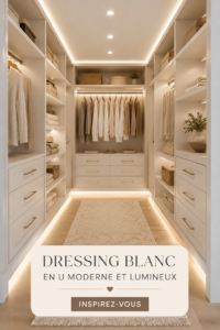 Dressing moderne en U blanc et lumineux dans une chambre élégante.