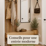 Entrée moderne avec un tapis stylé et des lumières douces