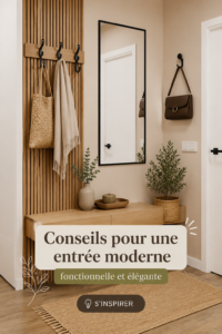 Entrée moderne avec un tapis stylé et des lumières douces