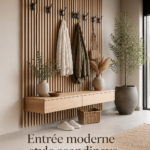 Entrée moderne avec un mur en lattes de bois dans un style scandinave