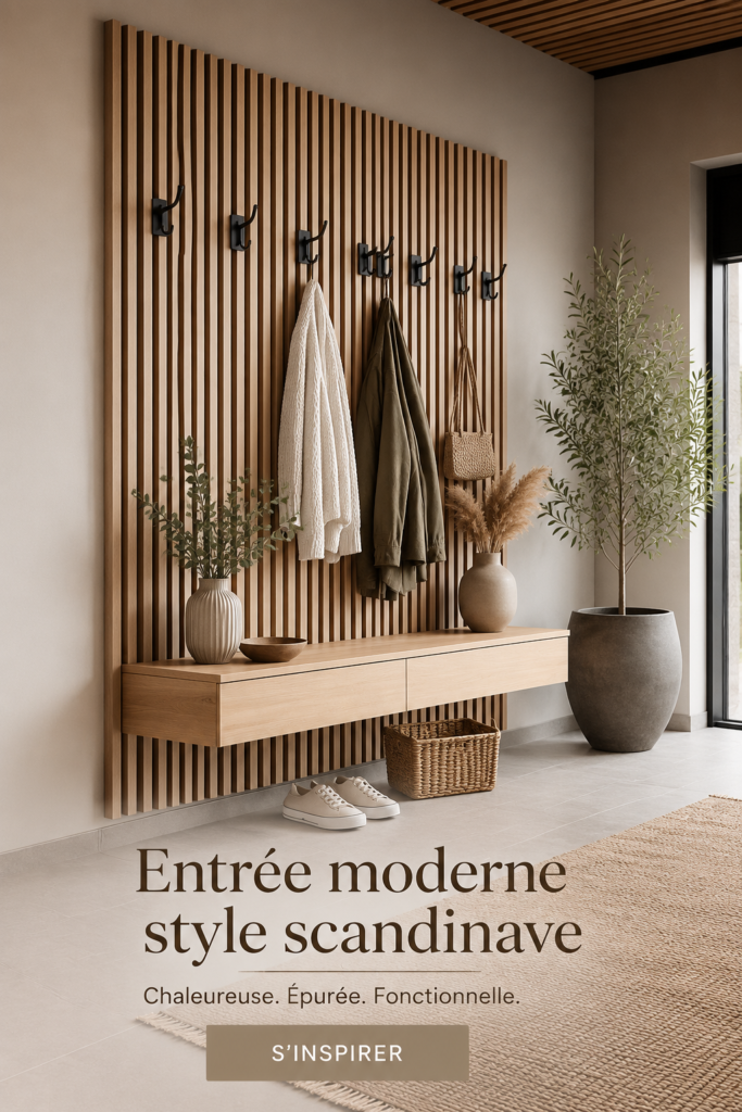 Entrée moderne avec un mur en lattes de bois dans un style scandinave