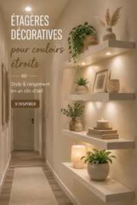 Un couloir élégant avec des étagères décoratives en bois
