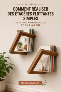 Étagères flottantes en bois dans un intérieur chaleureux avec des objets décoratifs.