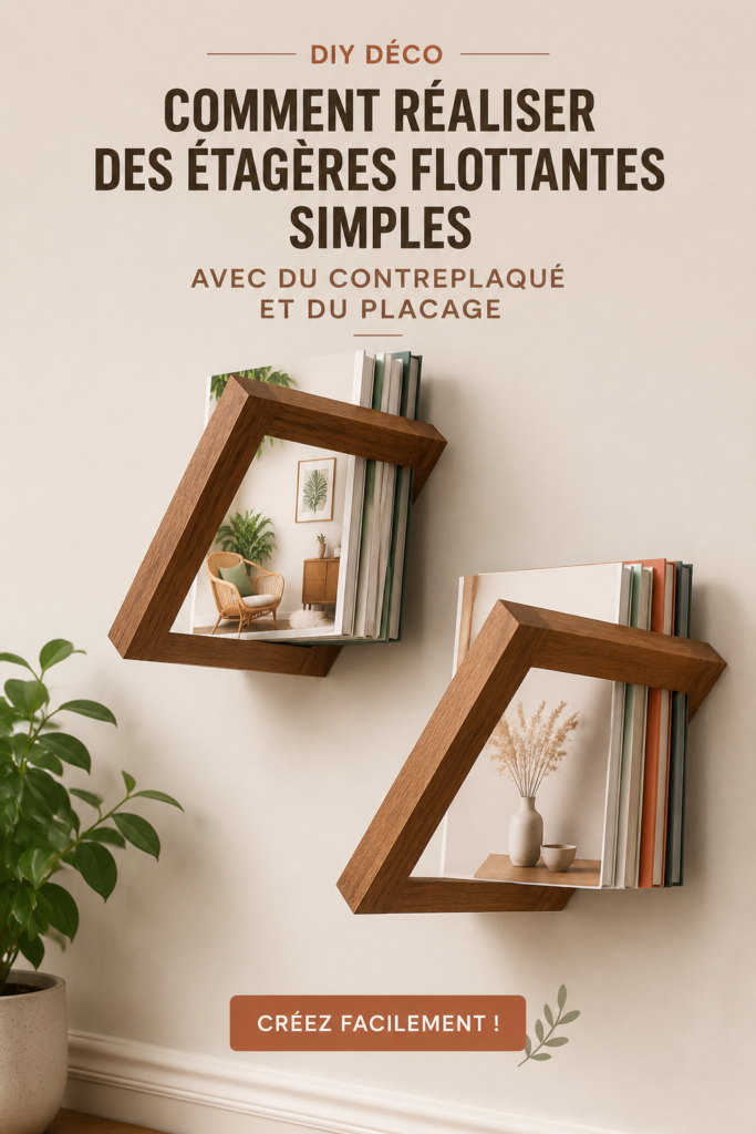 Étagères flottantes en bois dans un intérieur chaleureux avec des objets décoratifs.