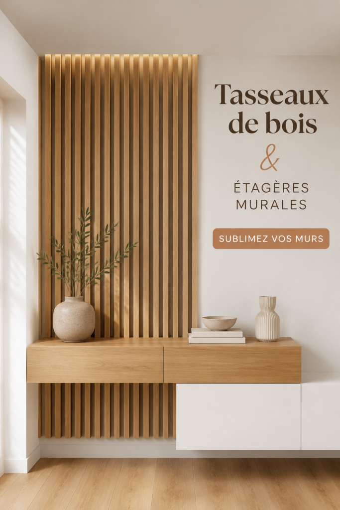 Une étagère murale en bois de tasseaux bien agencée dans un intérieur chaleureux