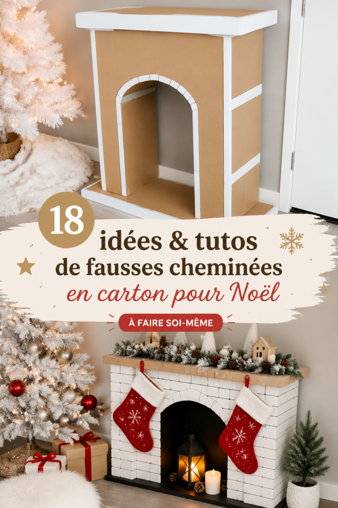 Fausse cheminée en carton décorée pour Noël, apportant chaleur à une pièce