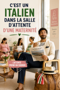 Futur père dans une salle d'attente de maternité, exprimant ses émotions avant la naissance de son enfant