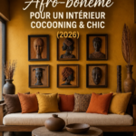 Salon décoré dans un style afro-homéen, chaleureux et moderne.