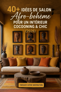 Salon décoré dans un style afro-homéen, chaleureux et moderne.
