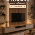 Un salon moderne avec un mur TV décoré de tableaux et étagères.