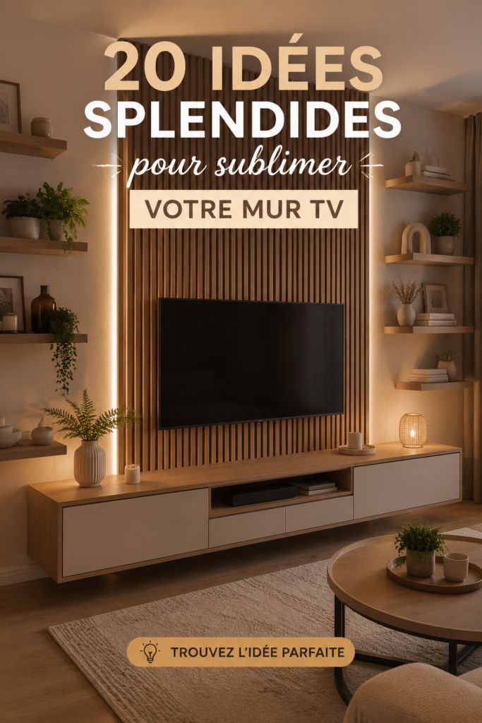 Un salon moderne avec un mur TV décoré de tableaux et étagères.