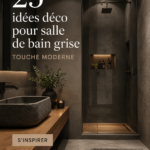 Salle de bain moderne avec décoration grise élégante.