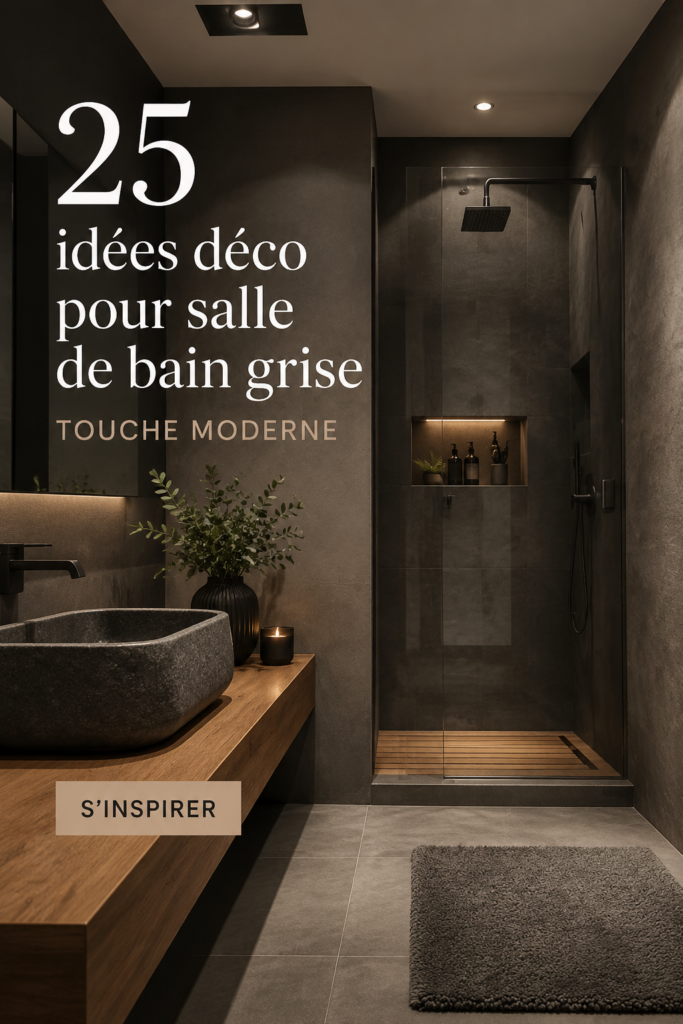 Salle de bain moderne avec décoration grise élégante.