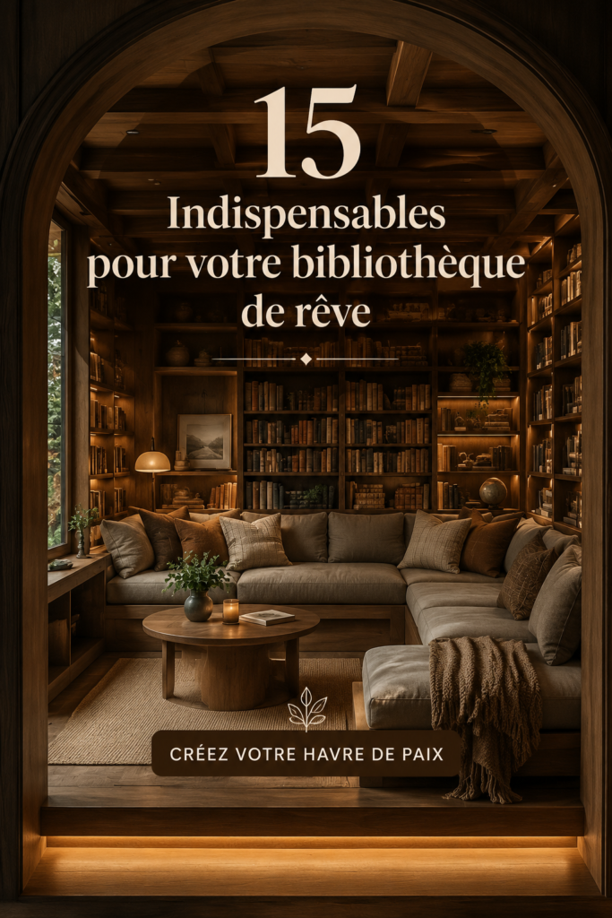 Une bibliothèque chaleureuse avec des étagères en bois, des livres et des accessoires décoratifs