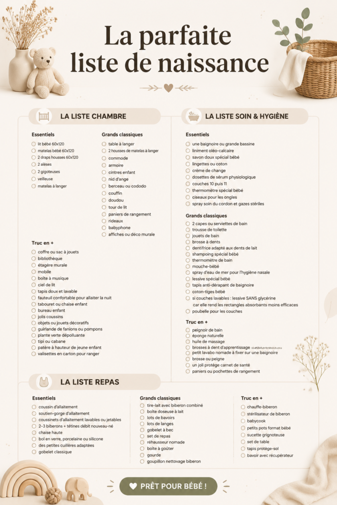 Un joli panier rempli d'éléments essentiels pour une liste de naissance.