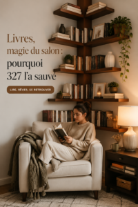 Une décoration de salon accueillante avec des livres bien agencés sur des étagères et tables.