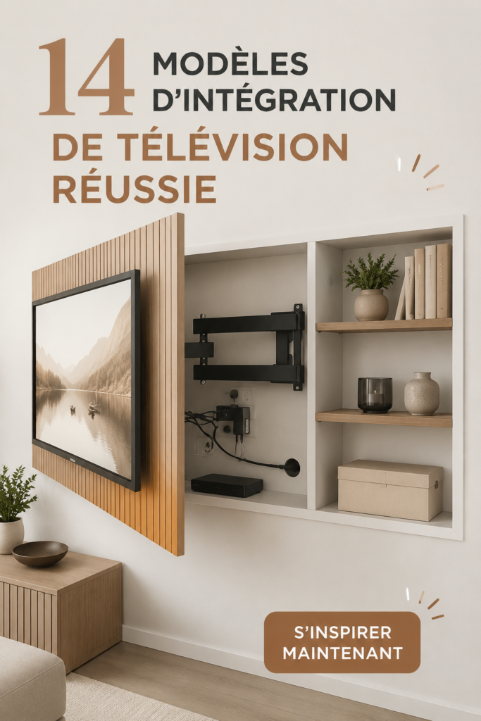 Intégration élégante d'une télévision dans un salon moderne avec des étagères