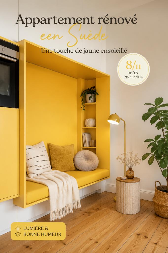Un appartement rénové en Suède avec des touches de jaune lumineux.