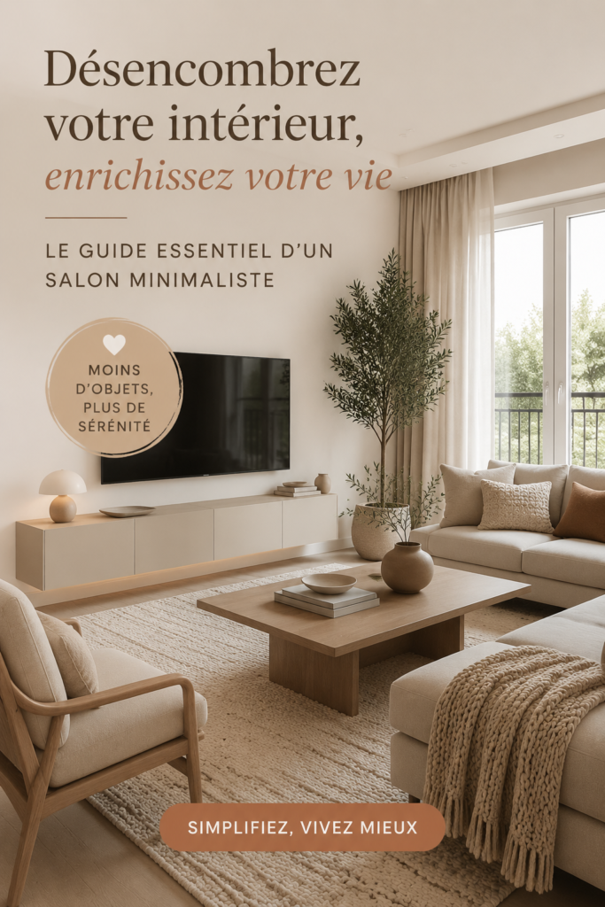 Un salon minimaliste avec des meubles épurés et un éclairage chaleureux, évoquant la sérénité.