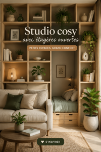 Un intérieur de studio cosy avec des étagères ouvertes bien agencées.