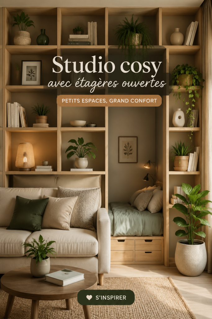 Un intérieur de studio cosy avec des étagères ouvertes bien agencées.