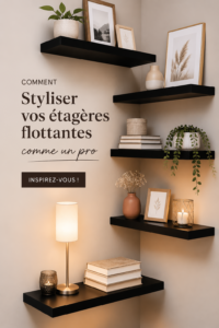 Un ensemble d'étagères flottantes décorées avec divers objets et plantes.
