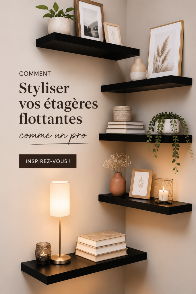 Un ensemble d'étagères flottantes décorées avec divers objets et plantes.