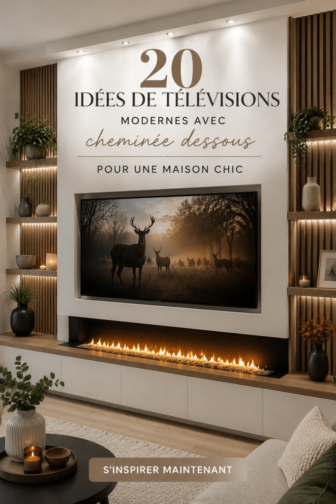 Une télévision moderne élégamment intégrée sous une cheminée dans un salon chic.