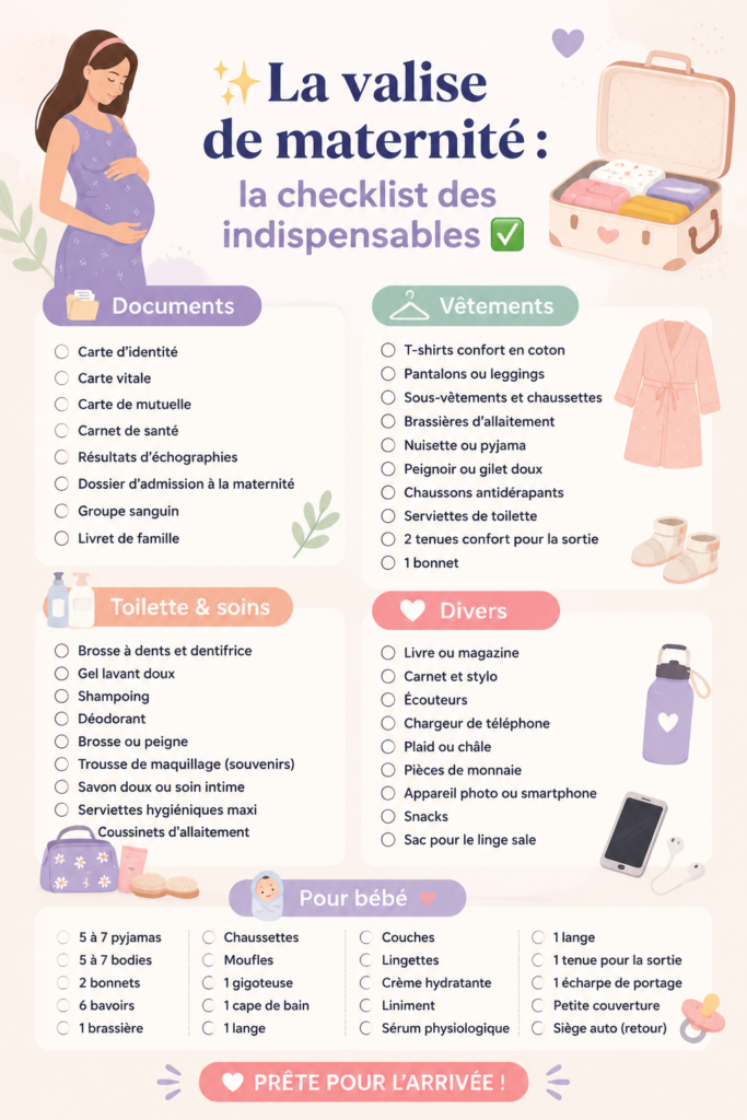 Une valise ouverte contenant des vêtements et accessoires pour la maternité, symbolisant les indispensables à emporter.
