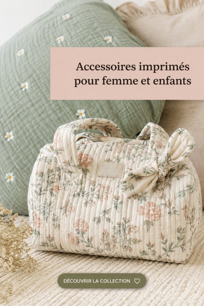 Foulards et sacs imprimés pour femmes et enfants, ajoutant une touche de style familial.