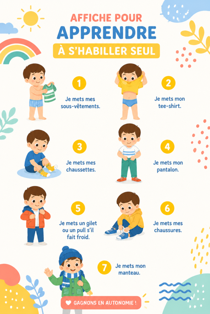 Affiche colorée illustrant les étapes pour apprendre à s'habiller seul, adaptée aux enfants.