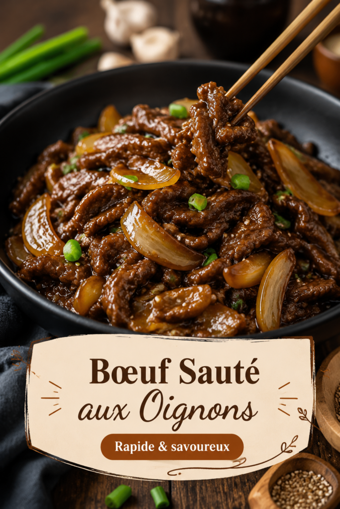 Bœuf sauté aux oignons prêt à être servi, un plat réconfortant pour les repas en famille.