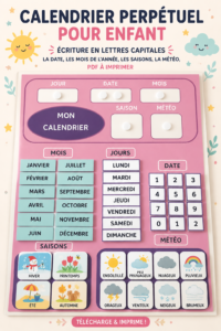 Calandre à imprimer pour enfants, montrant les mois et les saisons en lettres capitales