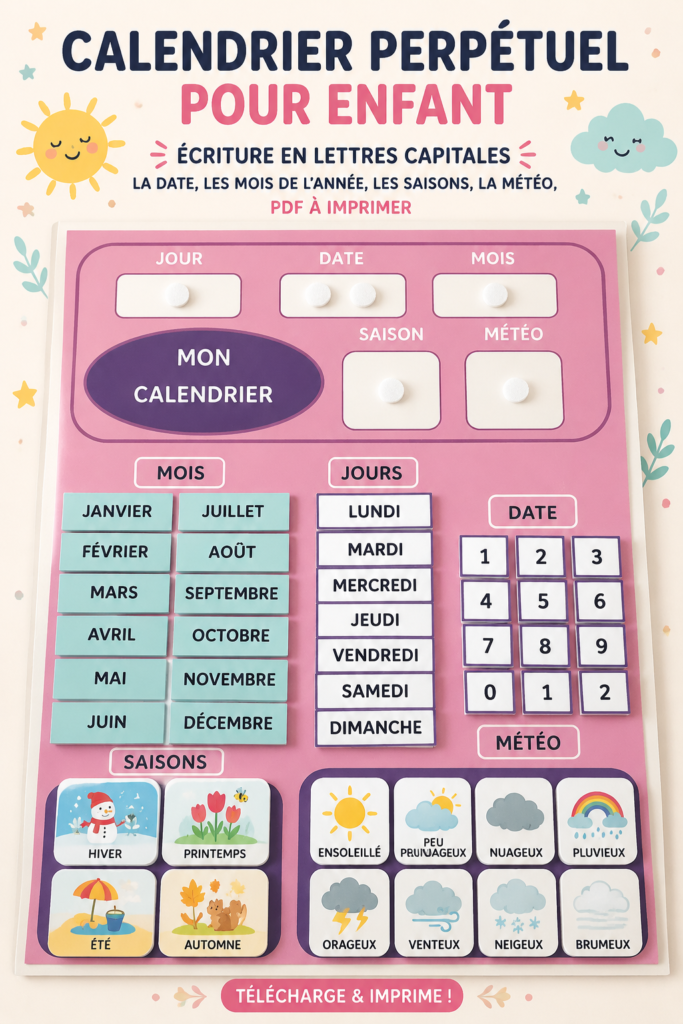 Calandre à imprimer pour enfants, montrant les mois et les saisons en lettres capitales