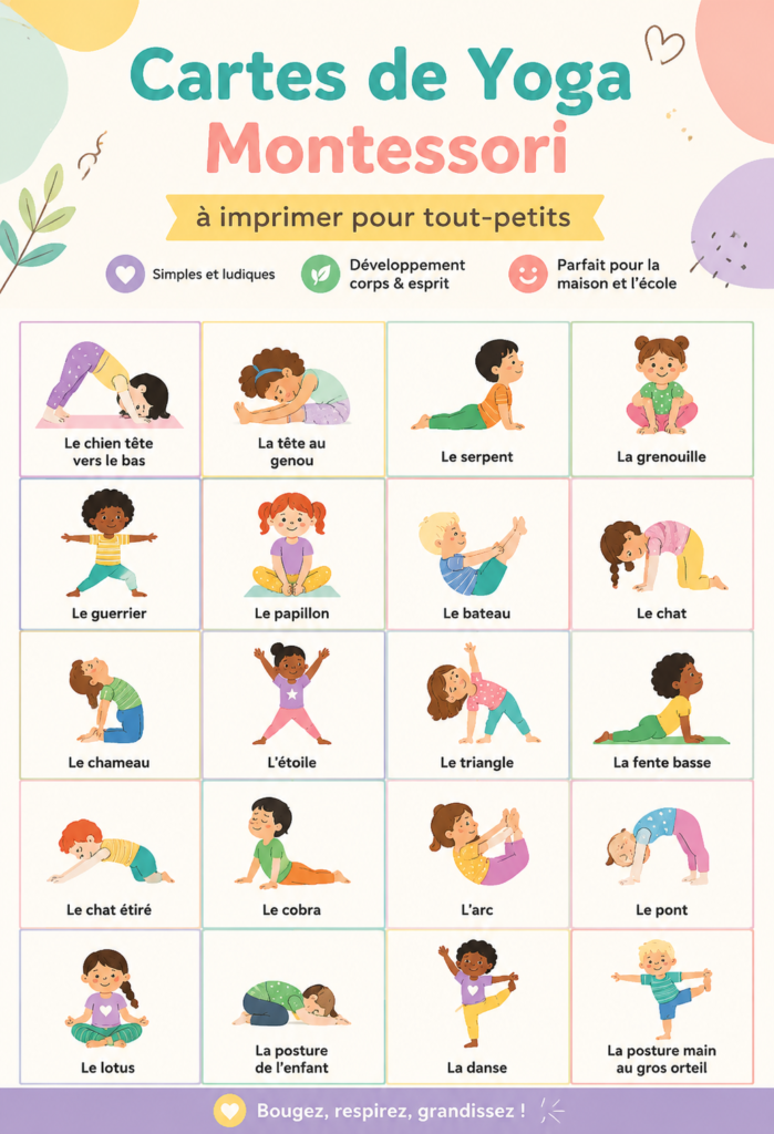 Jeune enfant faisant du yoga à la maison avec des cartes Montessori