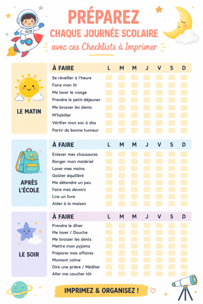Une checklist scolaire imprimable sur un bureau avec des fournitures d'école.