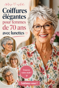 Une femme de 70 ans avec une coiffure élégante portant des lunettes modernes.