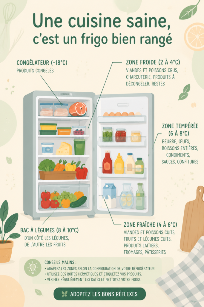 Un réfrigérateur bien organisé avec des aliments frais et sains