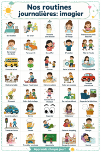 Un imagier coloré présentant les routines quotidiennes d'un enfant, avec des illustrations ludiques.