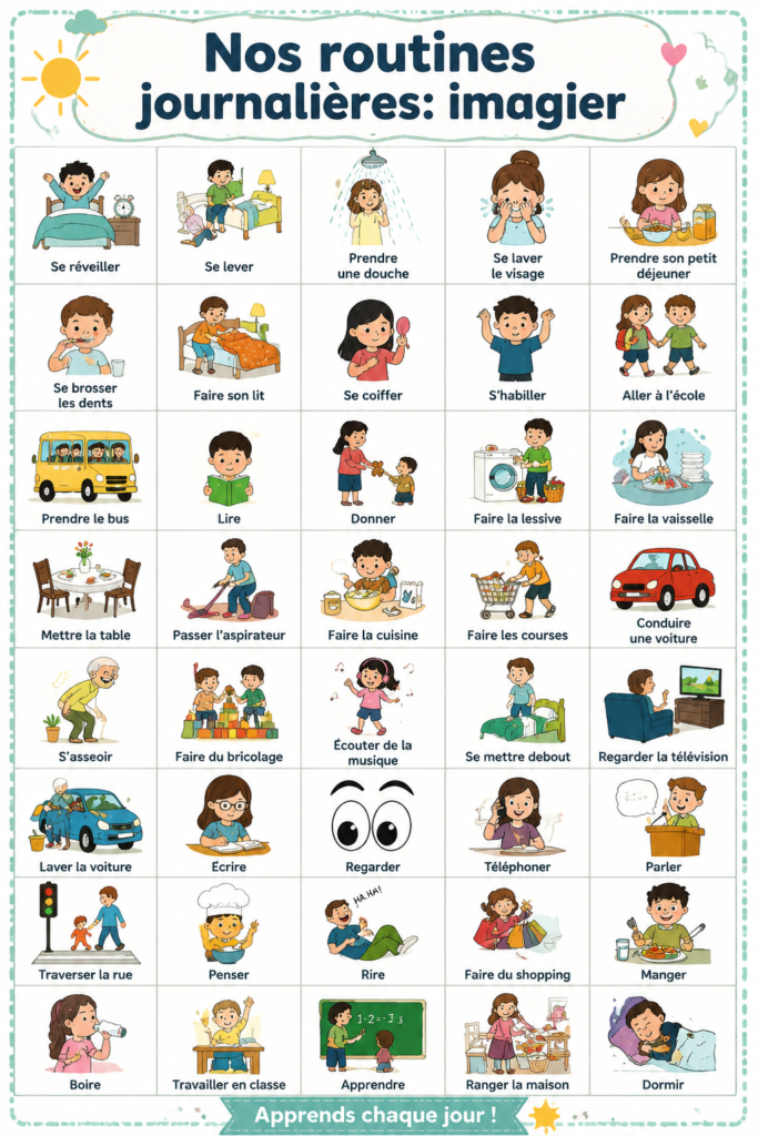 Un imagier coloré présentant les routines quotidiennes d'un enfant, avec des illustrations ludiques.