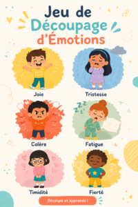 Un enfant découpe des formes colorées représentant différentes émotions.