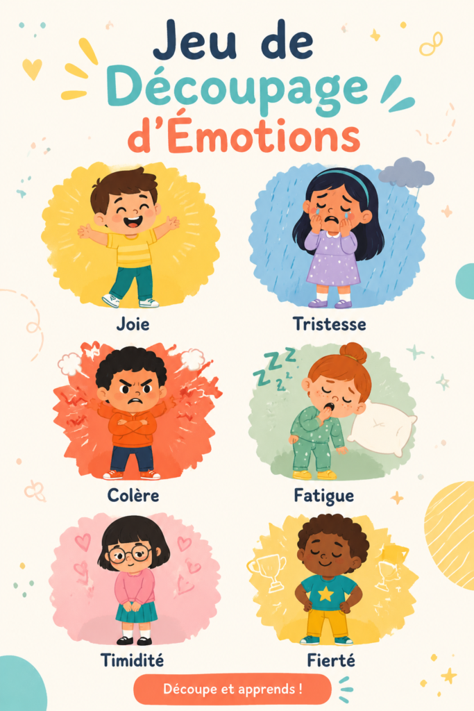 Un enfant découpe des formes colorées représentant différentes émotions.