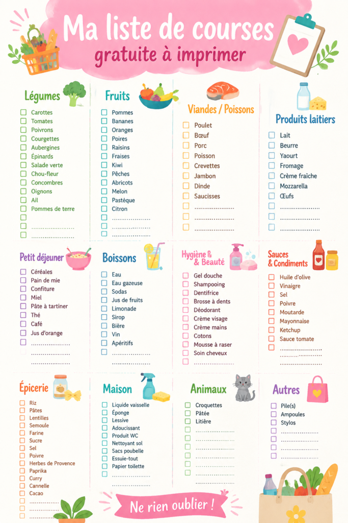 Une liste de courses imprimée prête à être utilisée dans une cuisine familiale.
