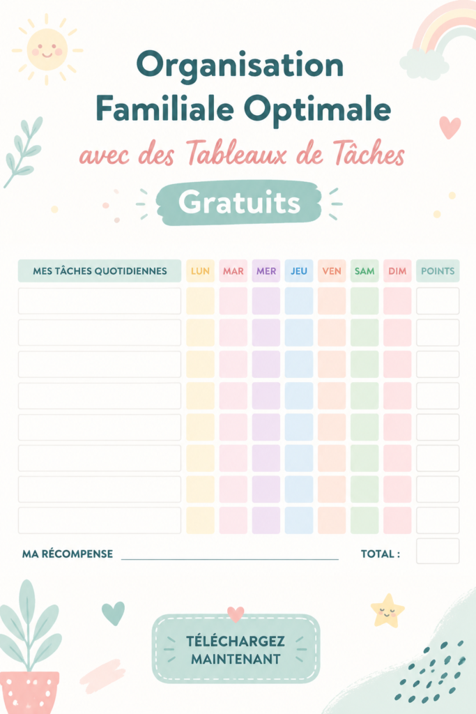 Tableau de tâches familial coloré et organisé sur un mur