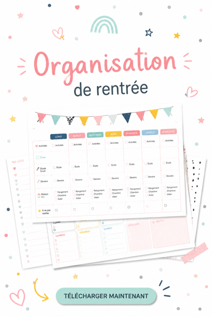 Une famille heureuse préparant la rentrée scolaire avec un planning sur la table, illustrant l'organisation familiale.