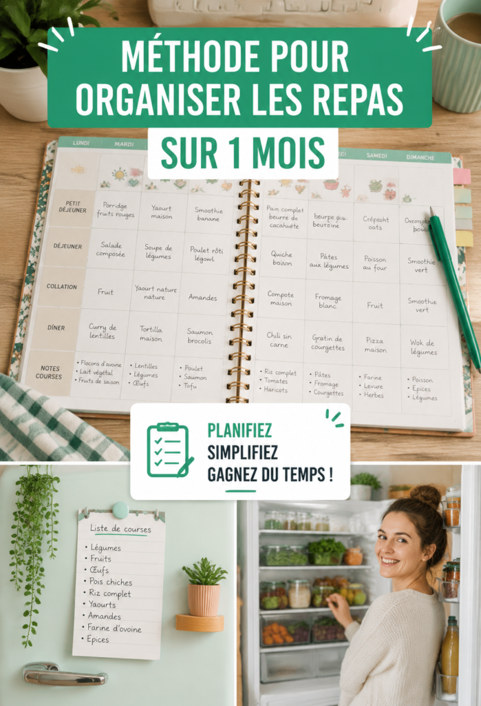 Une maman souriante organise des repas pour le mois à l'aide d'un planning coloré sur la table.