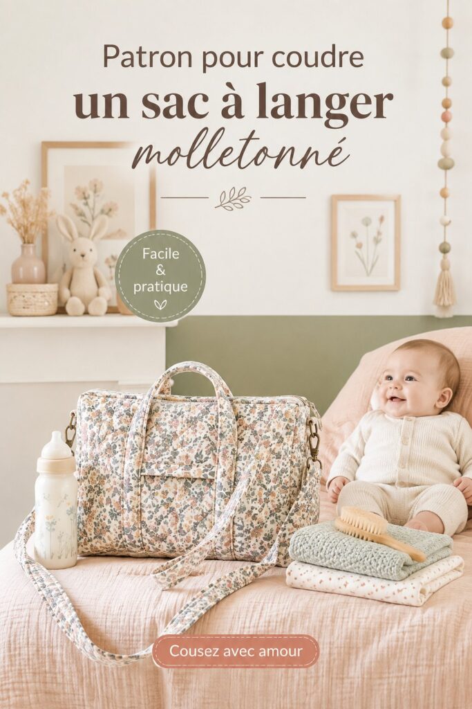 Sac à langer molletonné fait main sur une table de couture.