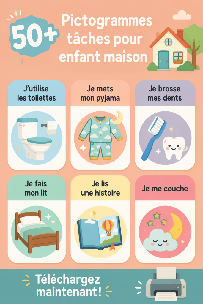 Une planche de pictogrammes colorés pour les tâches domestiques des enfants.